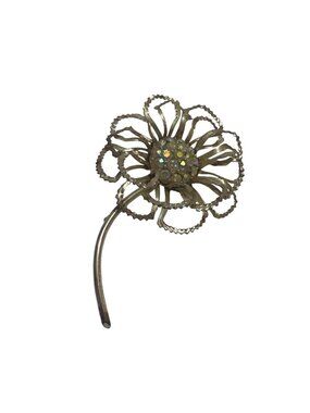 Vintage Coro Flower Brooch Pin Gold Tone Rhinestones Floral Design